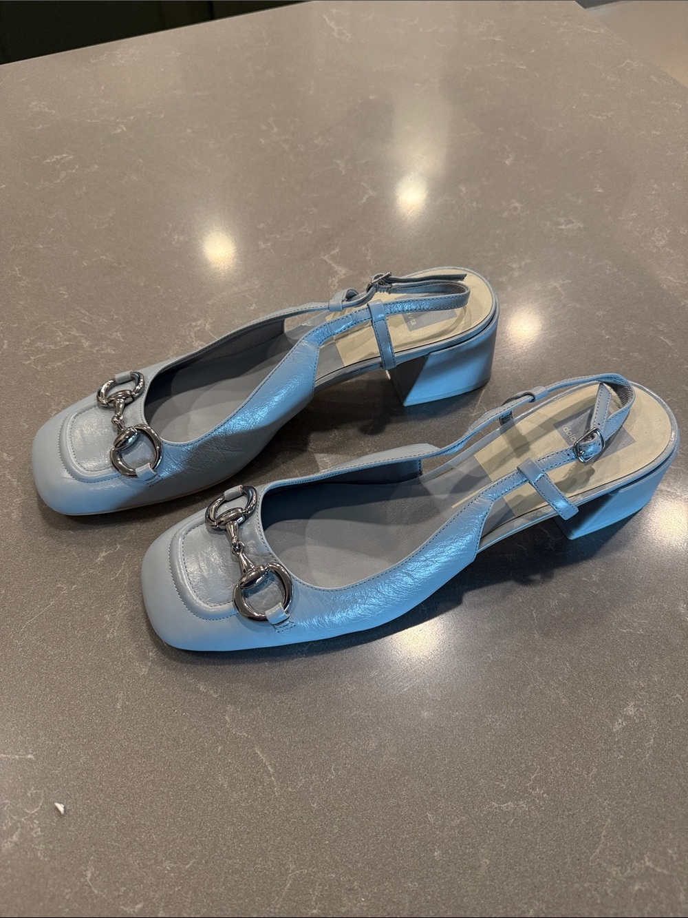Dolce Vita Powder Blue Slingback Block Heel Mules with Silver Hardware